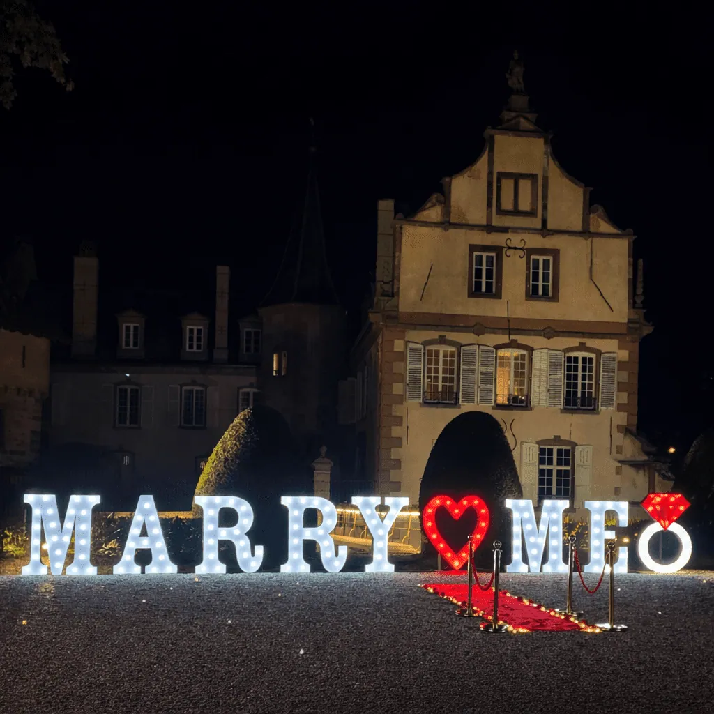 PREMIUM : MARRY ME en lettres géantes de 1m20 à LED avec couleur au choix — demande en mariage à Strasbourg